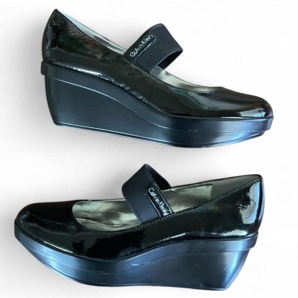 Calvin Klein Black Patent Leather Mary Jane Wedges